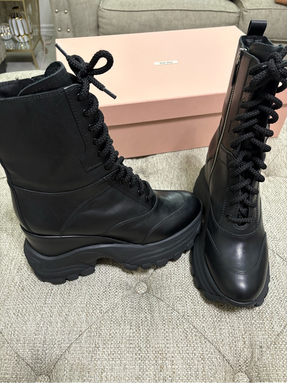 Miu Miu Black Chunky Lace-Up Platform Combat Boots